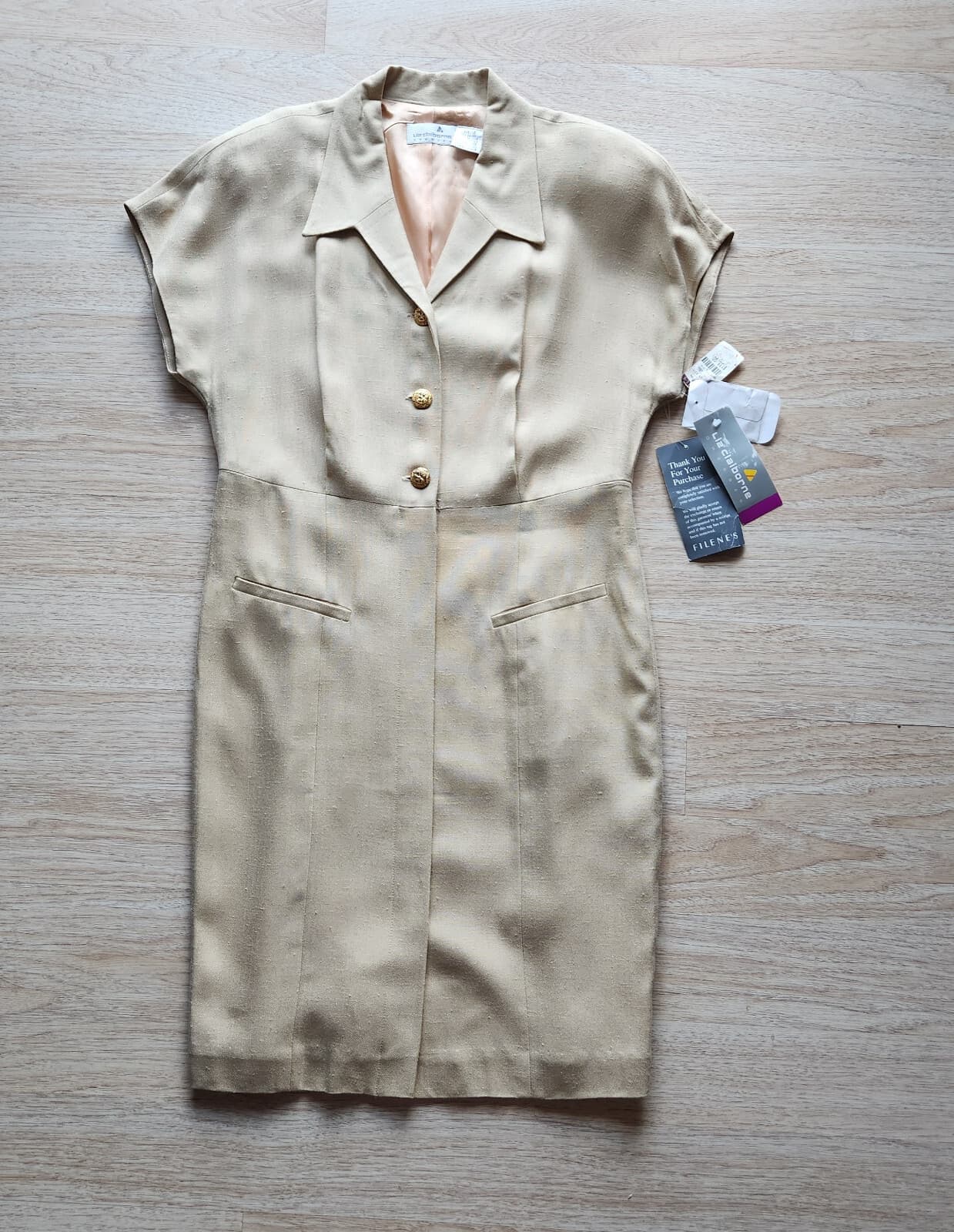 Vintage NWT Liz Claiborne Midi Dress Cap Sleeve Gold-Button Rayon Sand Sz.14 - Thumbnail 3
