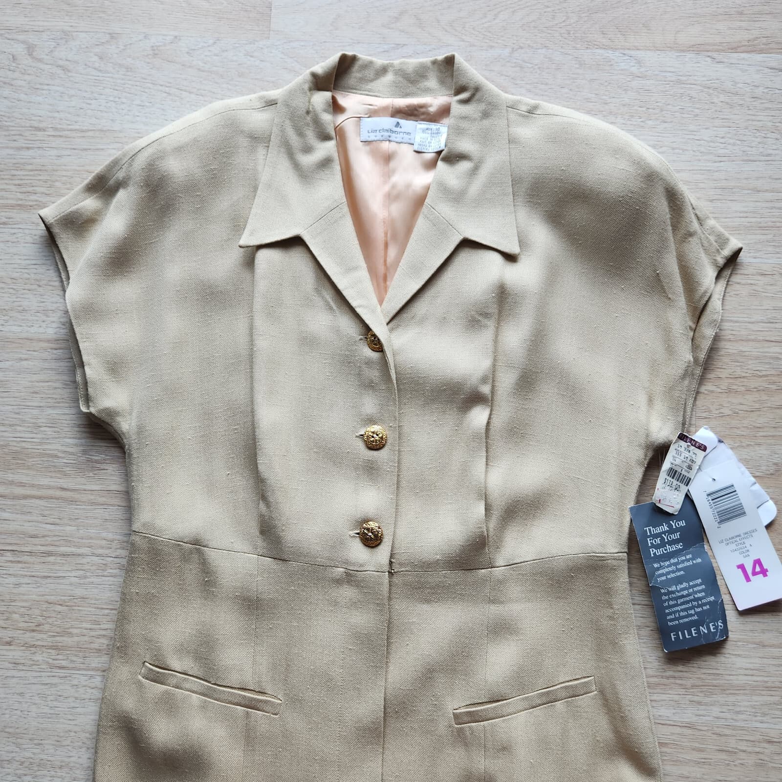 Vintage NWT Liz Claiborne Midi Dress Cap Sleeve Gold-Button Rayon Sand Sz.14 - Thumbnail 4