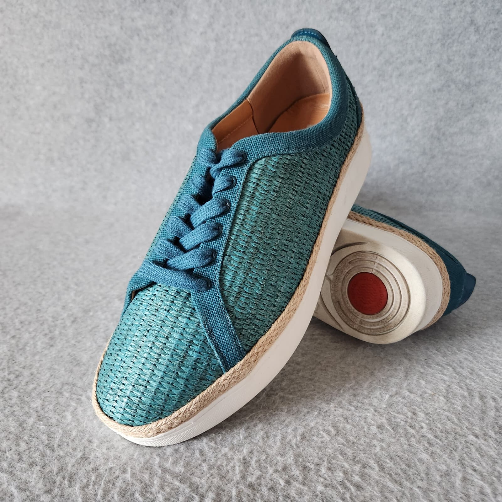 EUC FitFlop Rally Basket Weave Raffia Canvas Fashion Sneaker Lace Blue Women US8 - Thumbnail 4