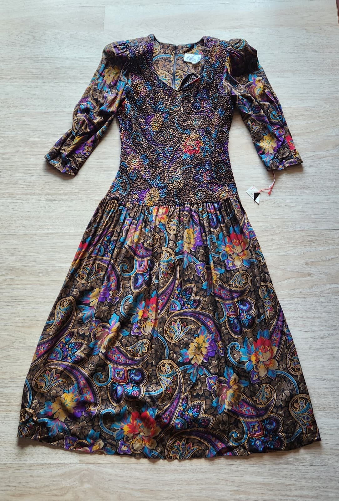 Vintage NWT ACT I New York Floral Paisley Smocked Midi Dress Dropwaist Sz.7-8 - Thumbnail 8