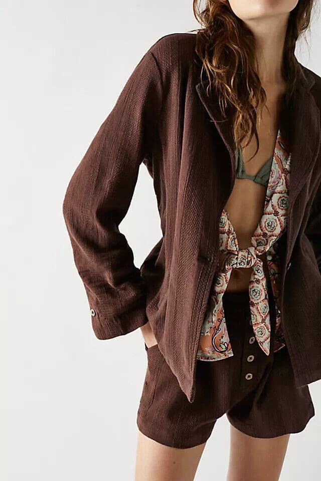 Free People Modern Summer Blazer Jacket Button Pocket Cotton Linen Brown Sz.XS - Thumbnail 4