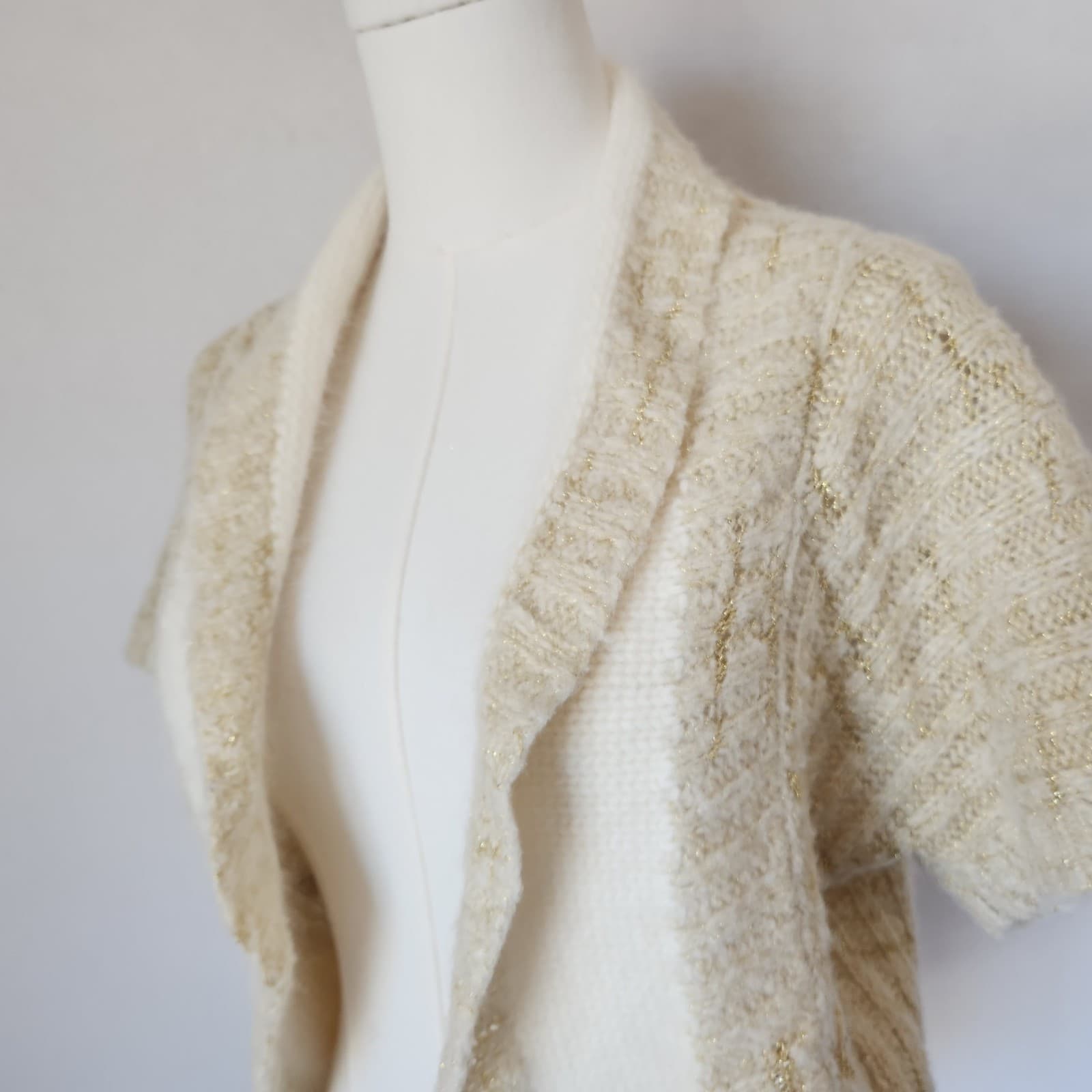 Sleeping On Snow Wool Blend Metallic Cropped Open Cardigan Short Sleeve Beige M - Thumbnail 4