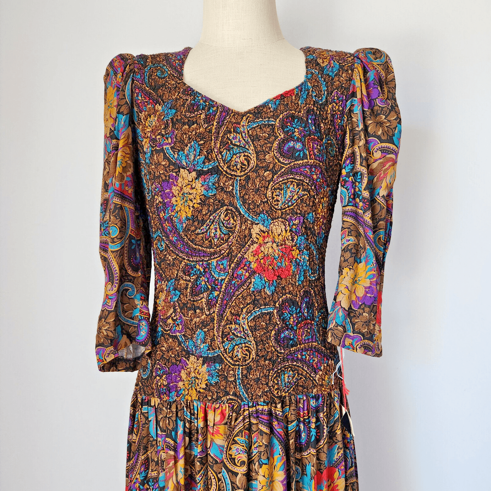 Vintage NWT ACT I New York Floral Paisley Smocked Midi Dress Dropwaist Sz.7-8 - Thumbnail 2