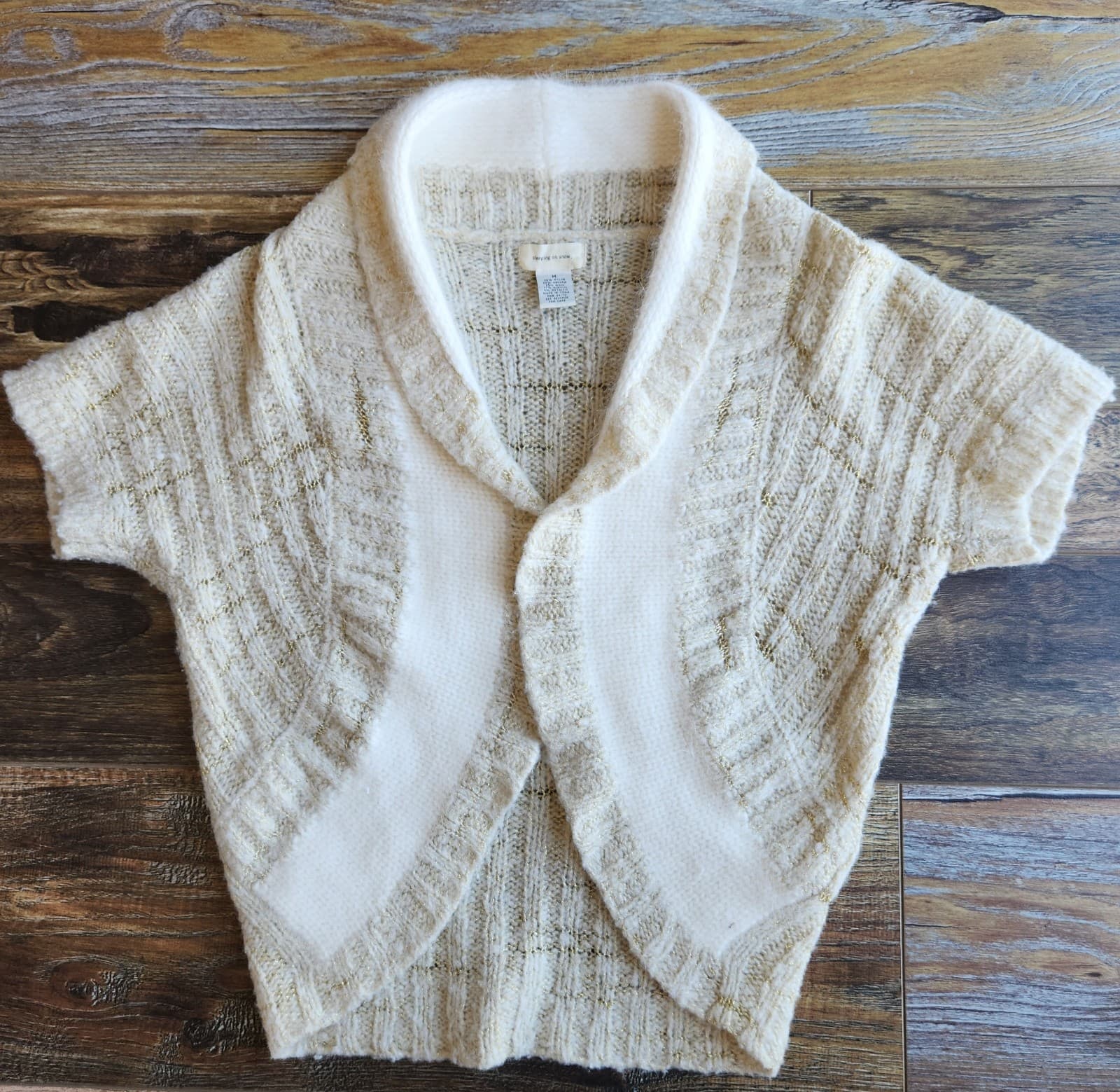 Sleeping On Snow Wool Blend Metallic Cropped Open Cardigan Short Sleeve Beige M - Thumbnail 7