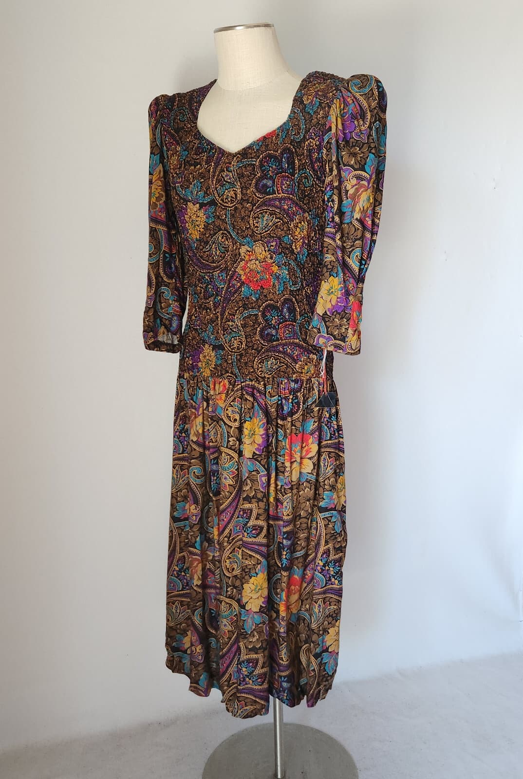Vintage NWT ACT I New York Floral Paisley Smocked Midi Dress Dropwaist Sz.7-8 - Thumbnail 4