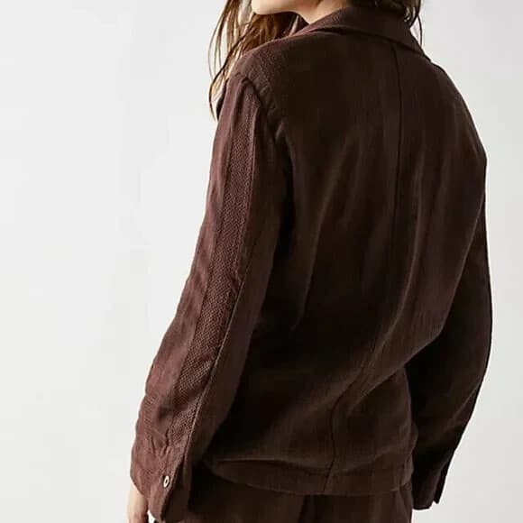 Free People Modern Summer Blazer Jacket Button Pocket Cotton Linen Brown Sz.XS - Thumbnail 5