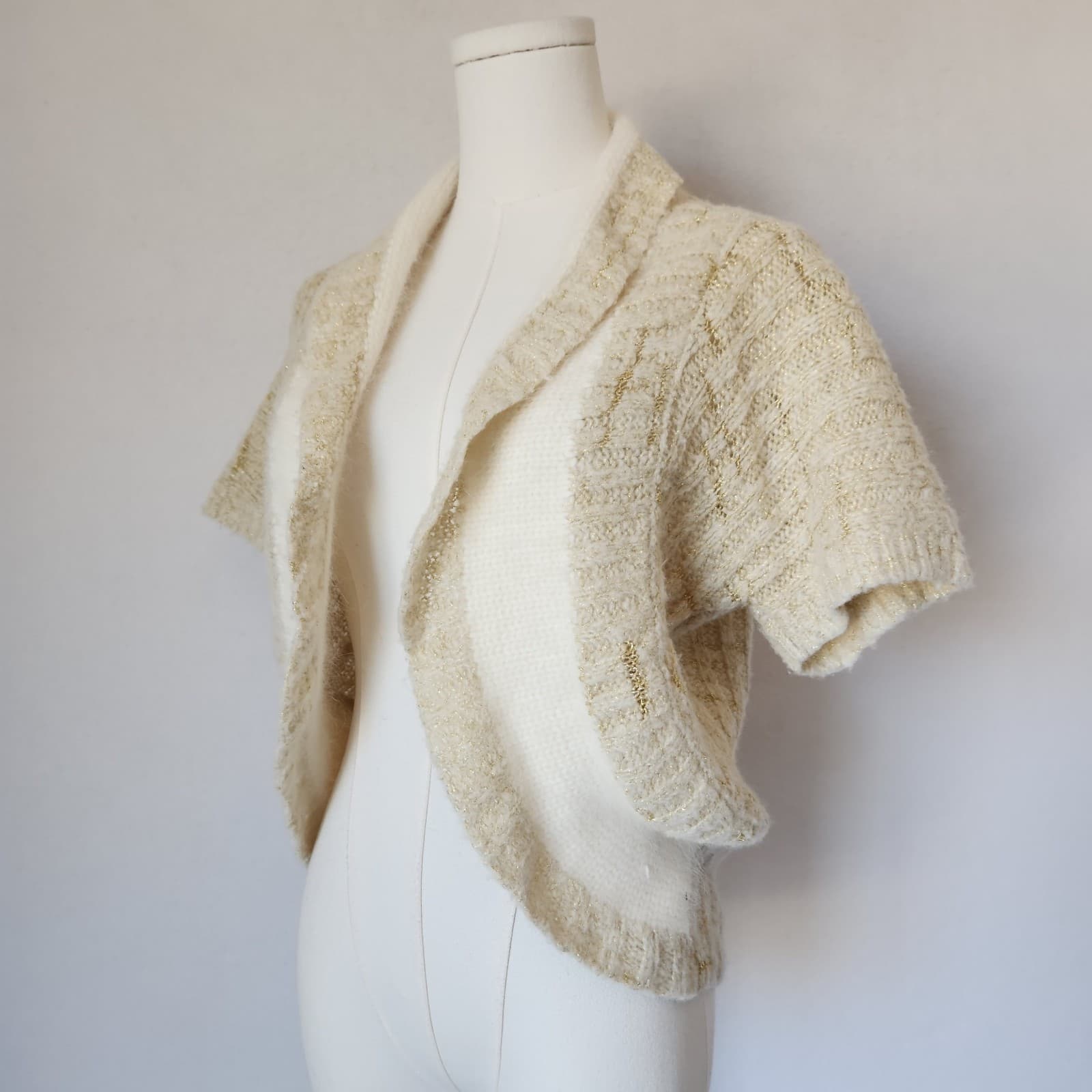 Sleeping On Snow Wool Blend Metallic Cropped Open Cardigan Short Sleeve Beige M - Thumbnail 2