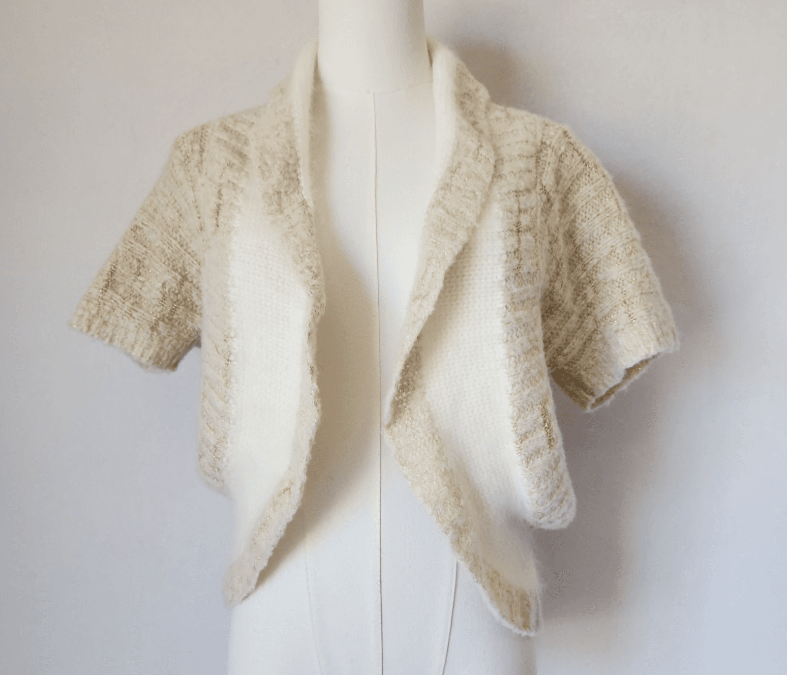 Sleeping On Snow Wool Blend Metallic Cropped Open Cardigan Short Sleeve Beige M
