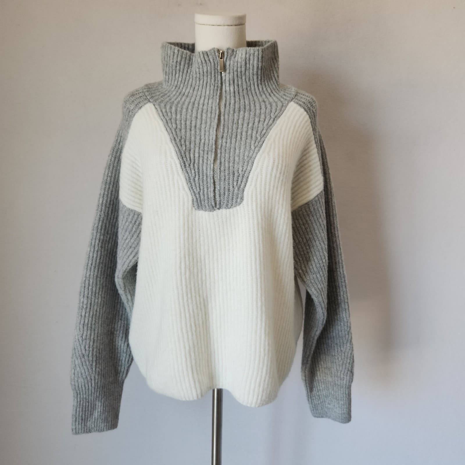 NWT Lulus Two-Tone Ribbed Knit Wool Blend Half-Zip Mock Sweater Grey Ivory Sz.M