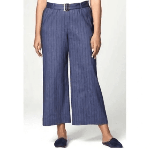 J.Jill Stretch Linen Chambray Pin-Striped Capri Pants Elastic Waist Pocket Sz.L - Thumbnail 2