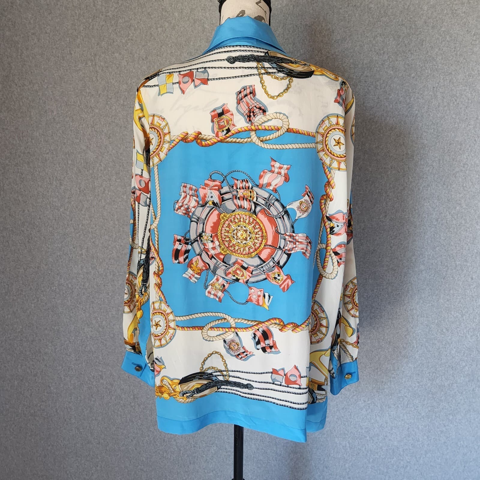 Vintage Michael Mims Kathy Cole Anchor Rope Silk Top Long Sleeve Button Blue Med - Thumbnail 4