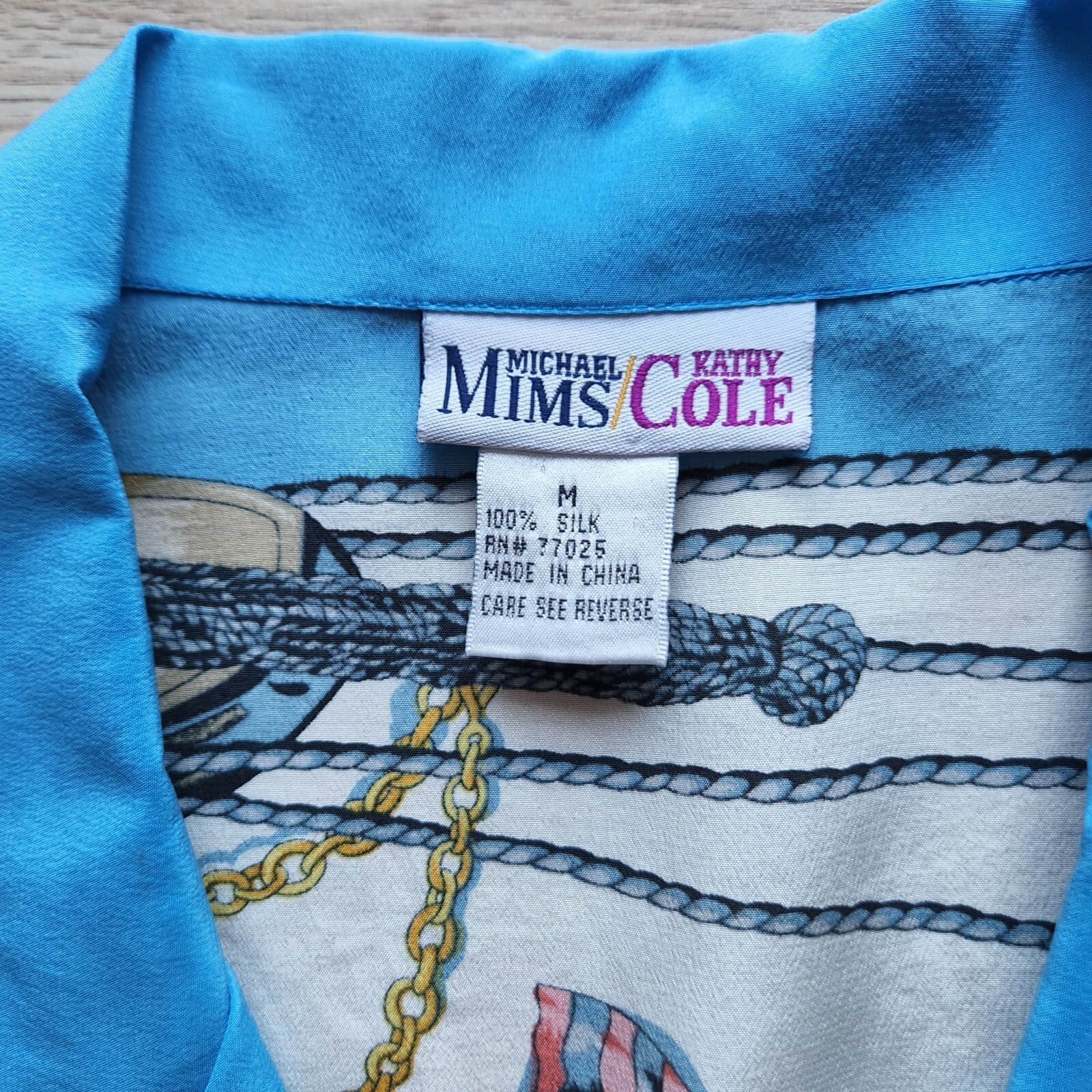 Vintage Michael Mims Kathy Cole Anchor Rope Silk Top Long Sleeve Button Blue Med - Thumbnail 8