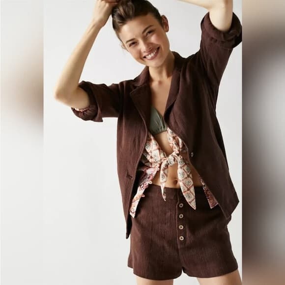 Free People Modern Summer Blazer Jacket Button Pocket Cotton Linen Brown Sz.XS - Thumbnail 2