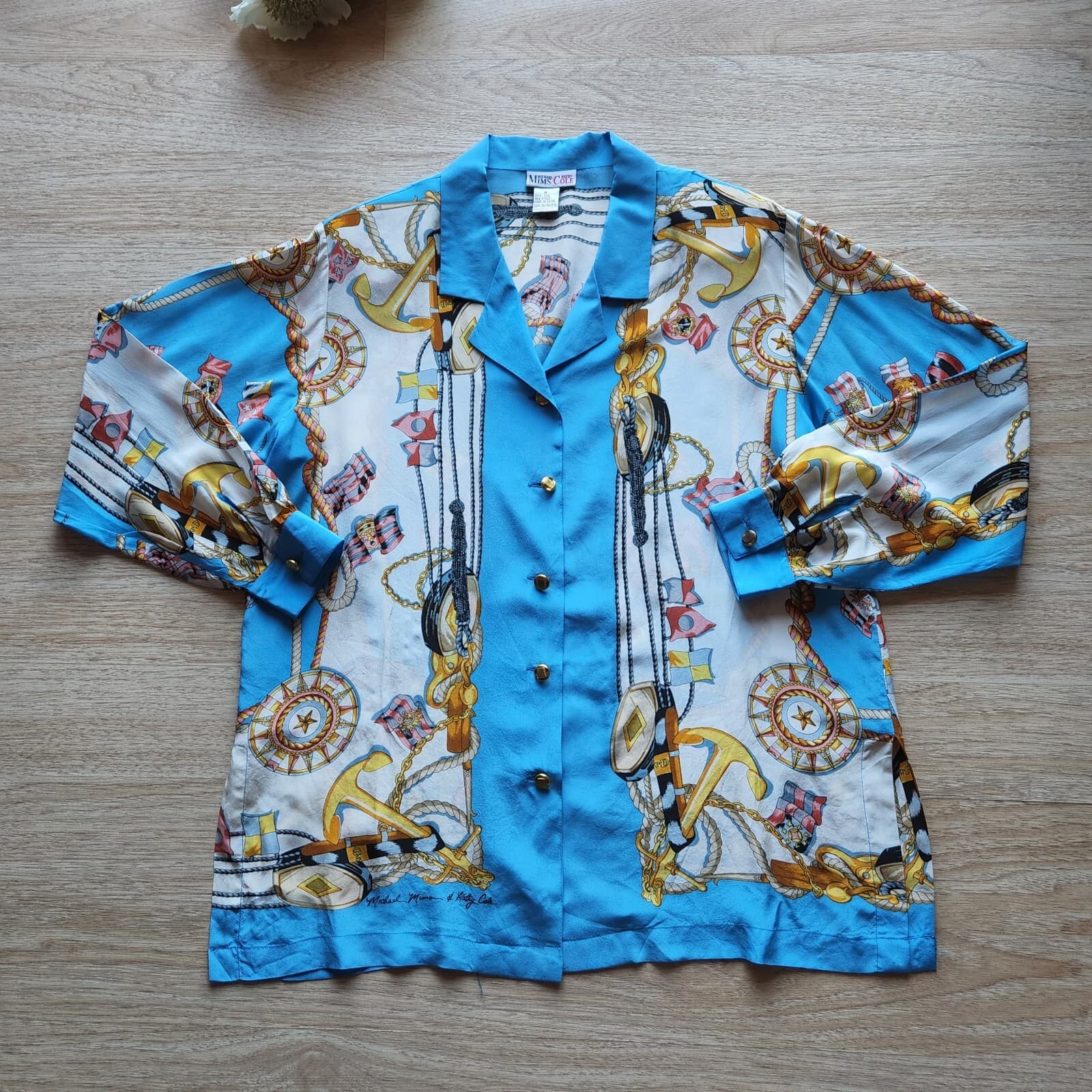 Vintage Michael Mims Kathy Cole Anchor Rope Silk Top Long Sleeve Button Blue Med - Thumbnail 5