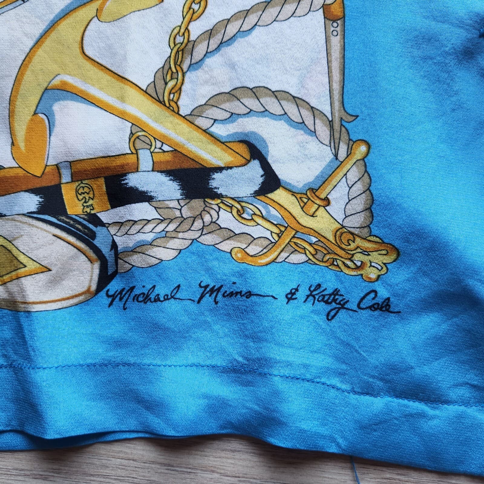 Vintage Michael Mims Kathy Cole Anchor Rope Silk Top Long Sleeve Button Blue Med - Thumbnail 6