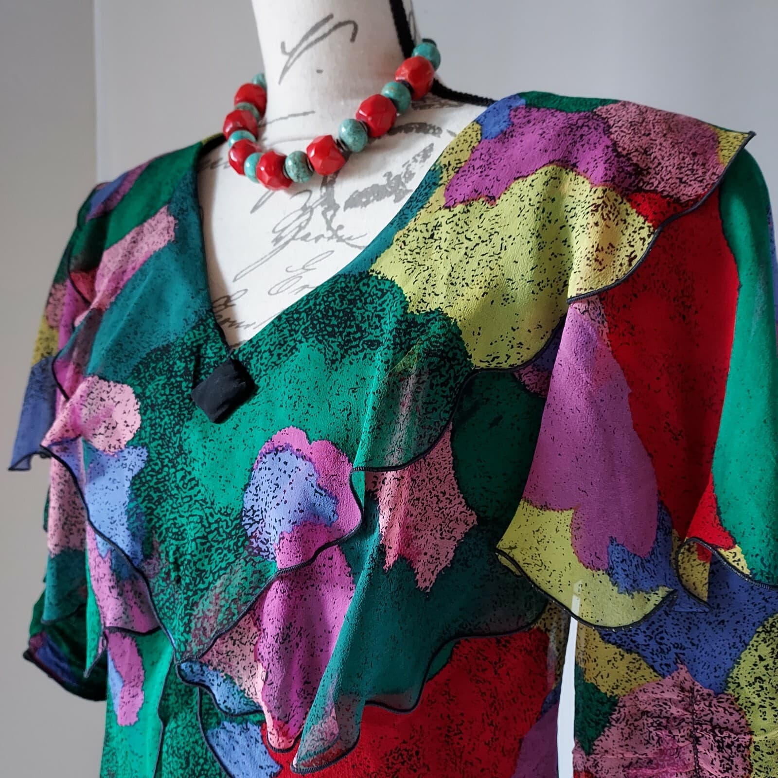 Vintage Holly Harp Chiffon Ruffle Midi Dress Shoulder Pad Multi-color Chest 36" - Thumbnail 2