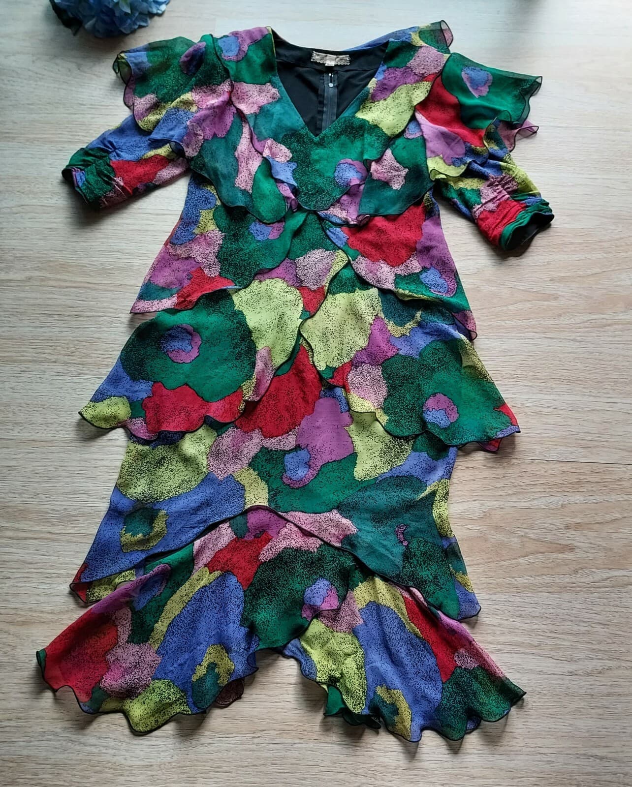 Vintage Holly Harp Chiffon Ruffle Midi Dress Shoulder Pad Multi-color Chest 36" - Thumbnail 3