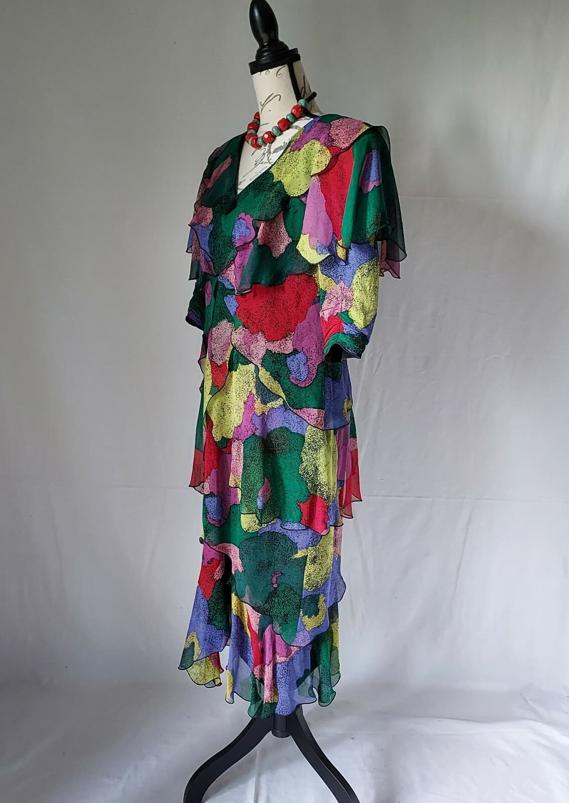 Vintage Holly Harp Chiffon Ruffle Midi Dress Shoulder Pad Multi-color Chest 36" - Thumbnail 4
