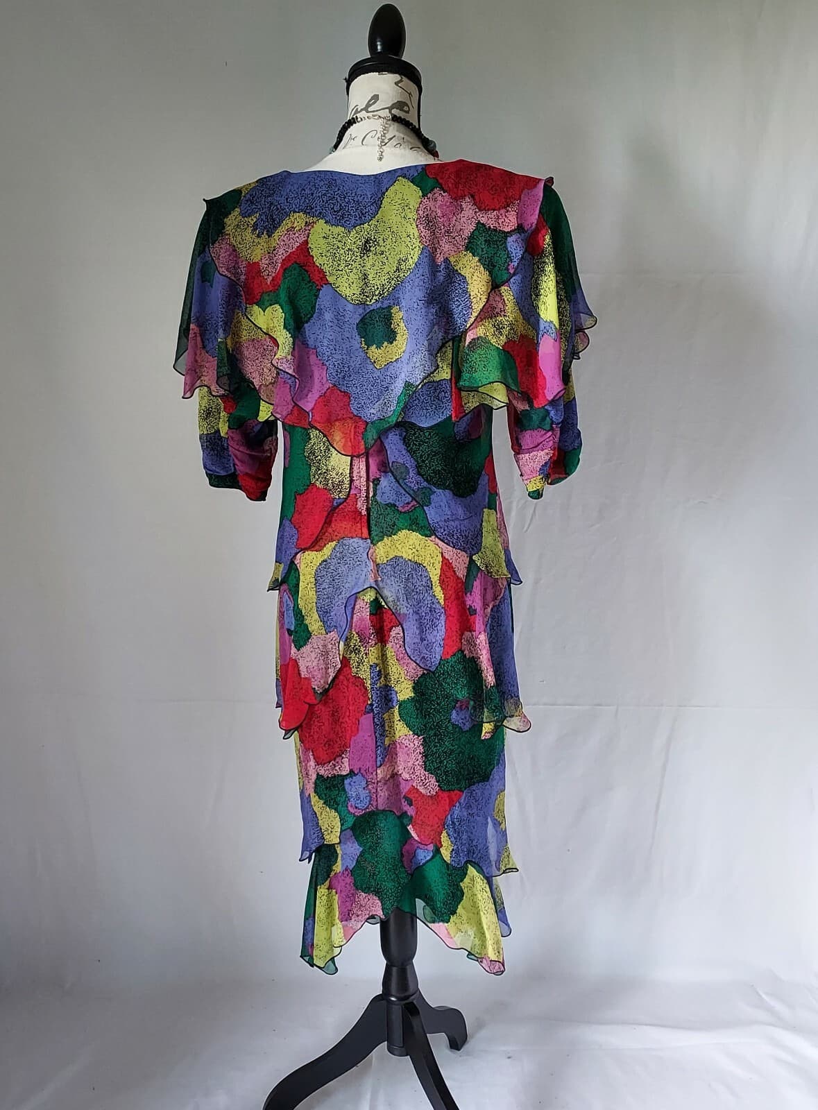 Vintage Holly Harp Chiffon Ruffle Midi Dress Shoulder Pad Multi-color Chest 36" - Thumbnail 5