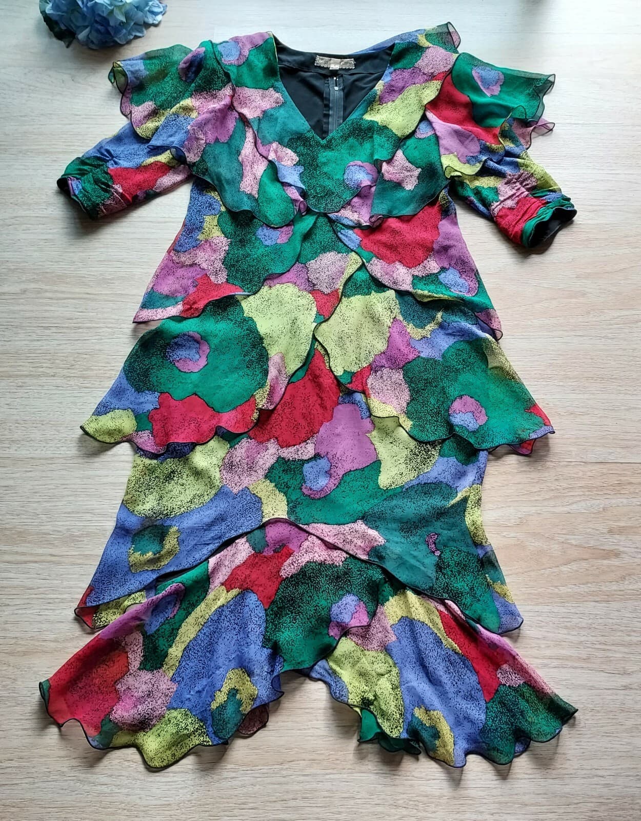 Vintage Holly Harp Chiffon Ruffle Midi Dress Shoulder Pad Multi-color Chest 36" - Thumbnail 6