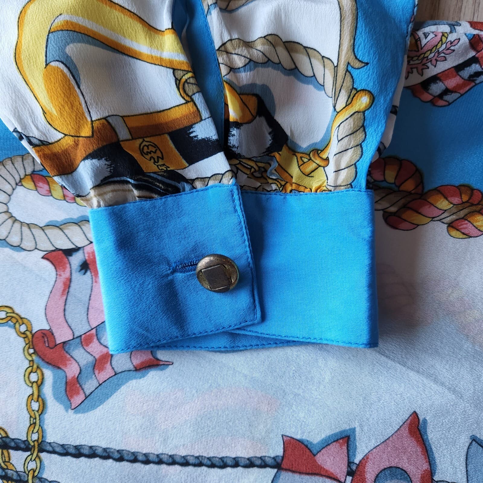 Vintage Michael Mims Kathy Cole Anchor Rope Silk Top Long Sleeve Button Blue Med - Thumbnail 7
