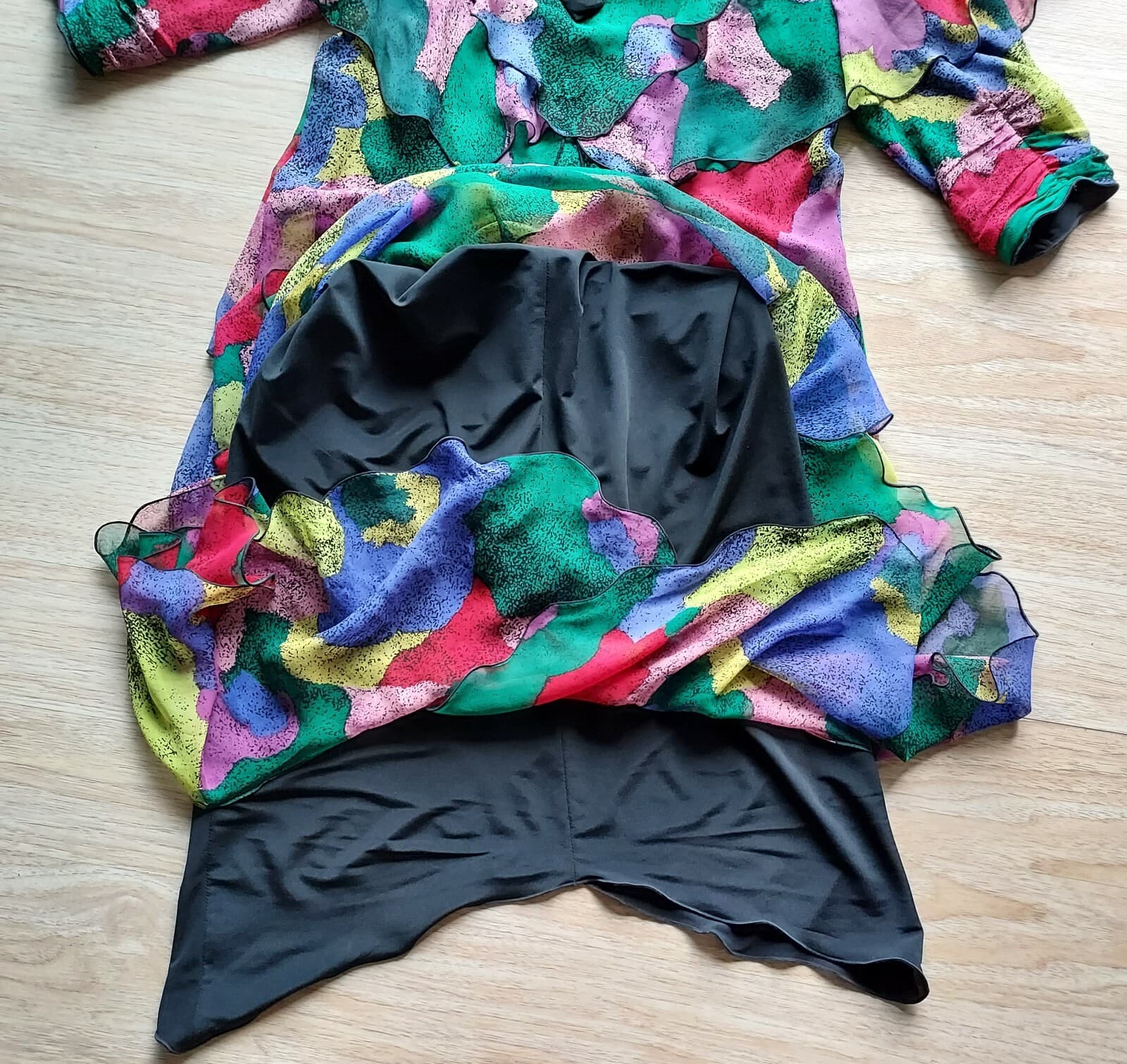 Vintage Holly Harp Chiffon Ruffle Midi Dress Shoulder Pad Multi-color Chest 36" - Thumbnail 9