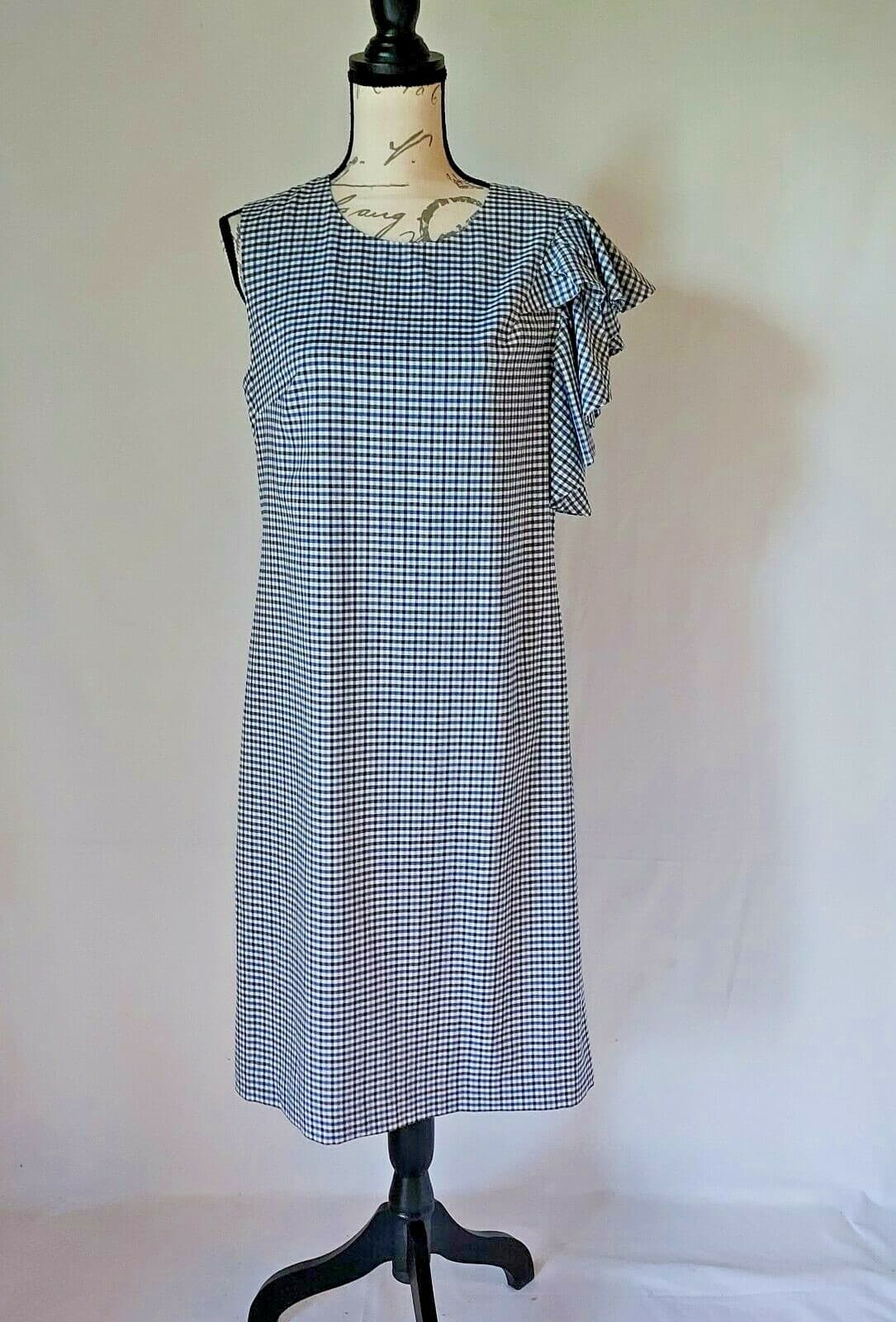 Banana Republic Gingham Shift Dress One-Ruffle Shoulder Zip Blue-Tan Women Sz.10 - Thumbnail 2