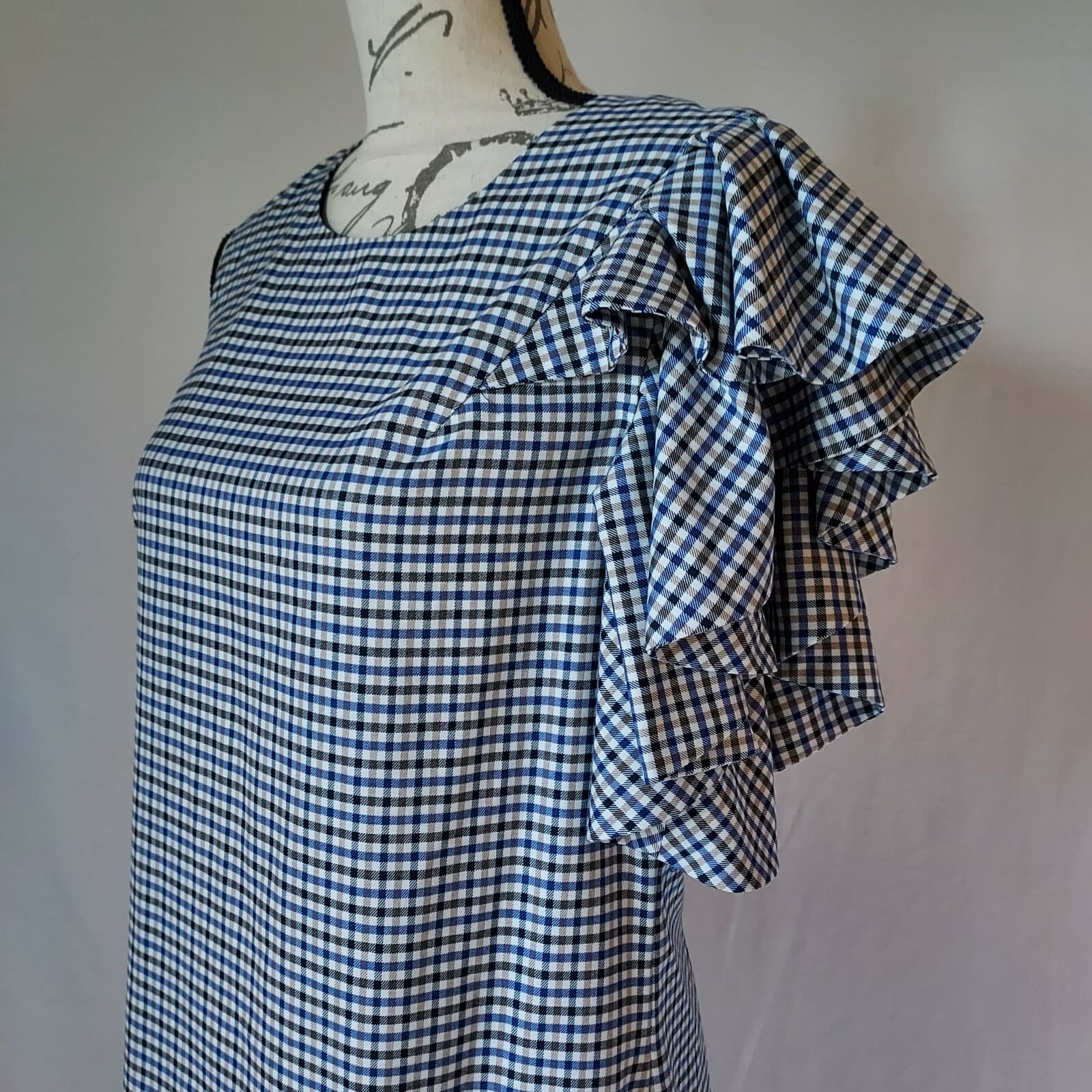Banana Republic Gingham Shift Dress One-Ruffle Shoulder Zip Blue-Tan Women Sz.10 - Thumbnail 3