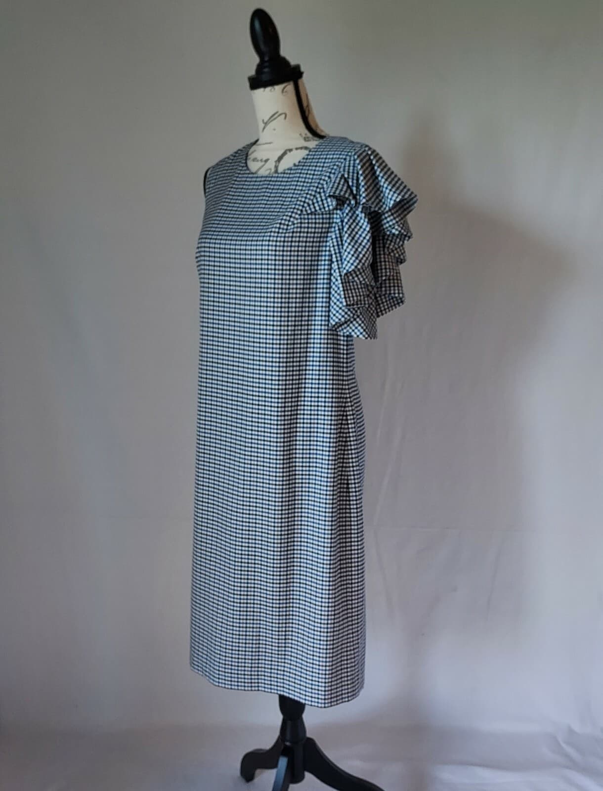 Banana Republic Gingham Shift Dress One-Ruffle Shoulder Zip Blue-Tan Women Sz.10 - Thumbnail 4