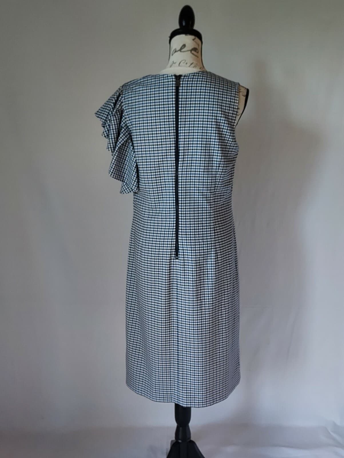 Banana Republic Gingham Shift Dress One-Ruffle Shoulder Zip Blue-Tan Women Sz.10 - Thumbnail 5