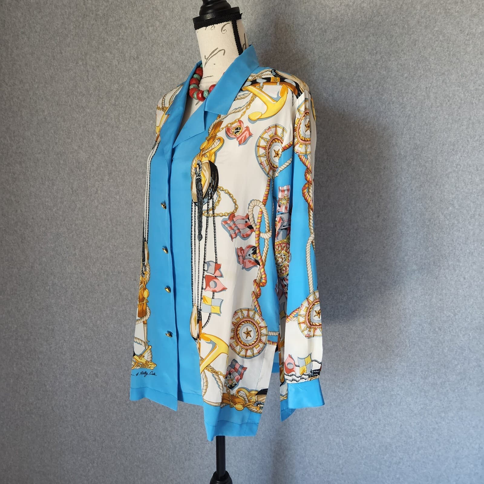 Vintage Michael Mims Kathy Cole Anchor Rope Silk Top Long Sleeve Button Blue Med - Thumbnail 3