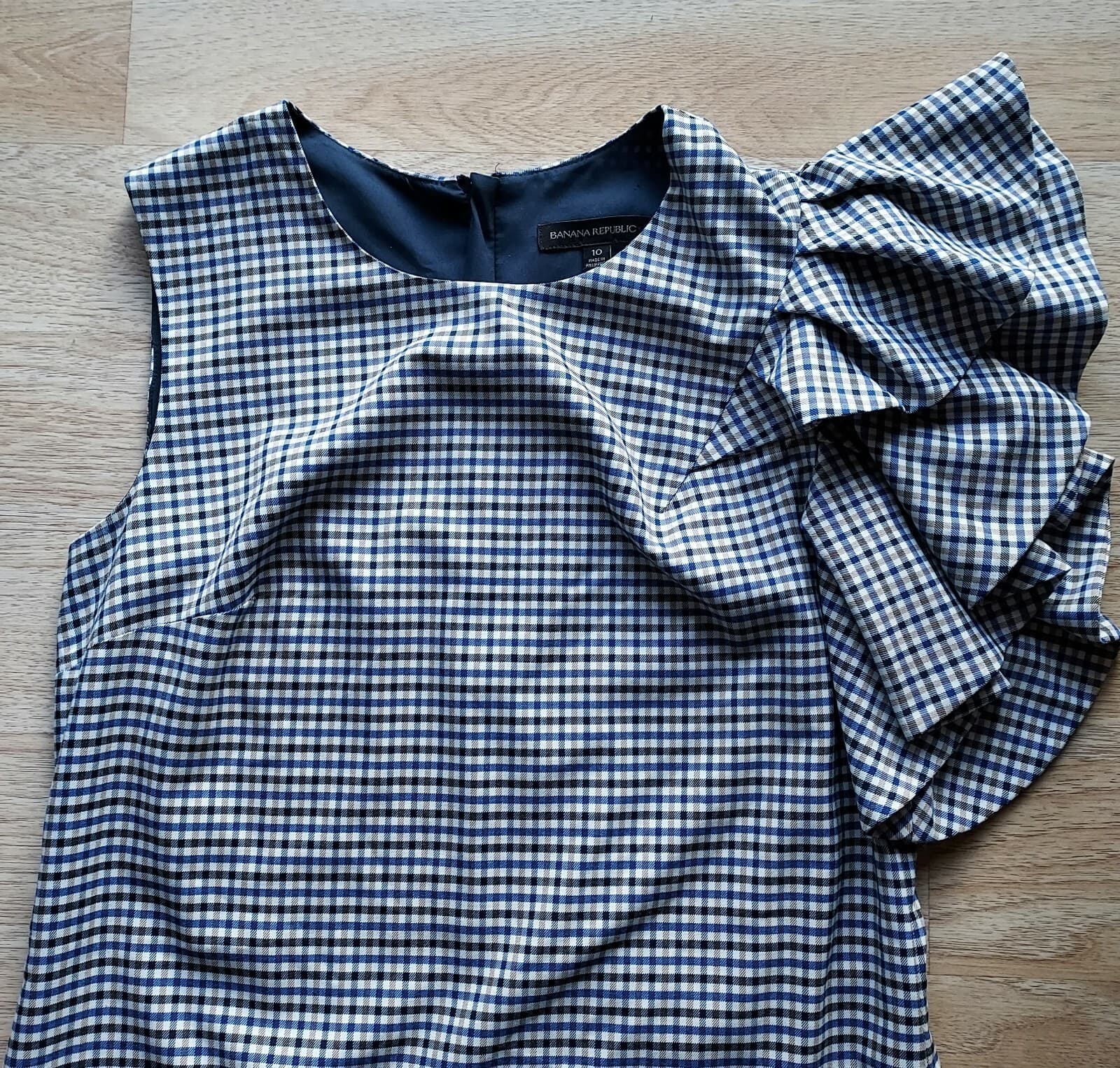 Banana Republic Gingham Shift Dress One-Ruffle Shoulder Zip Blue-Tan Women Sz.10 - Thumbnail 7