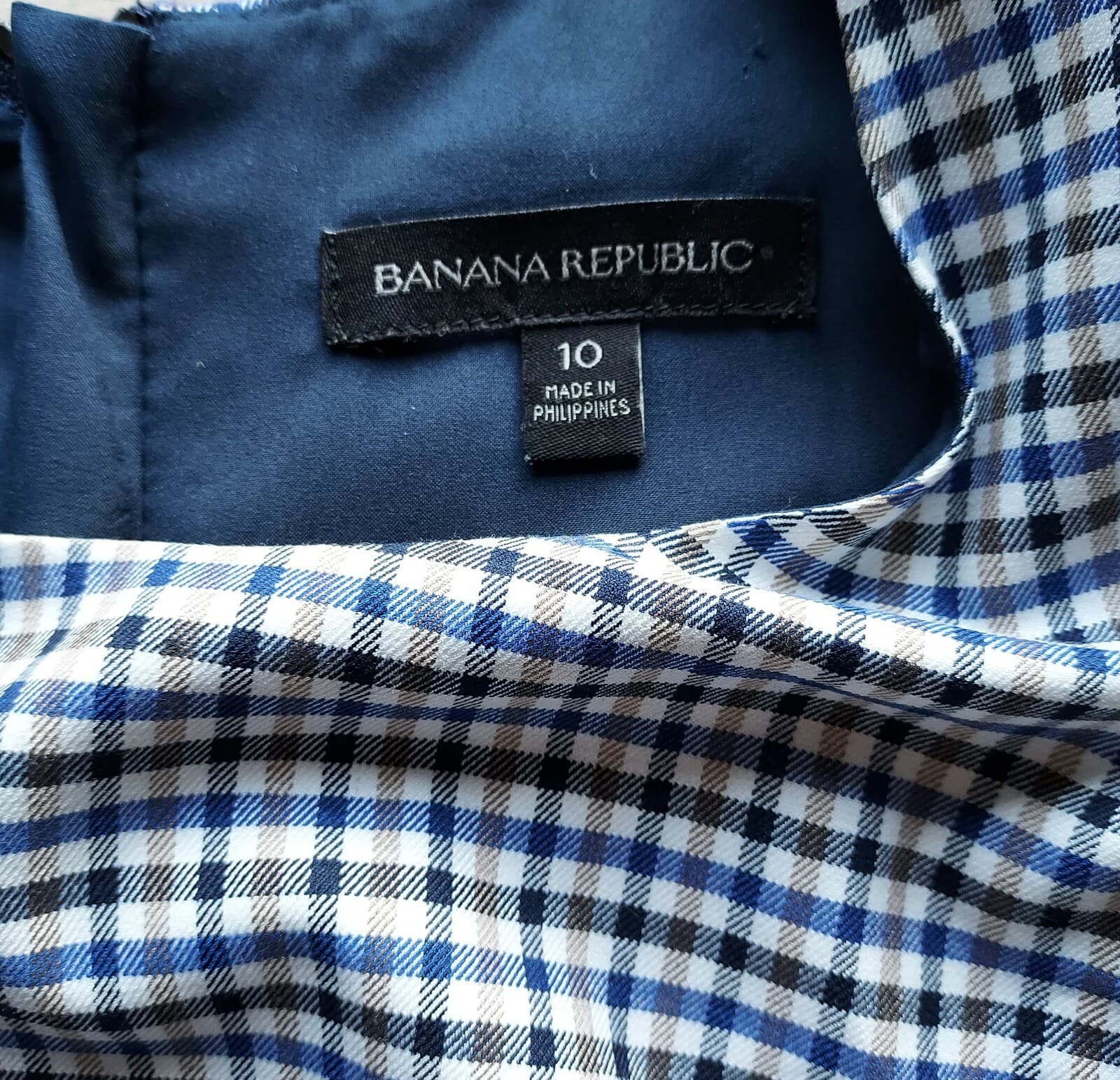 Banana Republic Gingham Shift Dress One-Ruffle Shoulder Zip Blue-Tan Women Sz.10 - Thumbnail 10