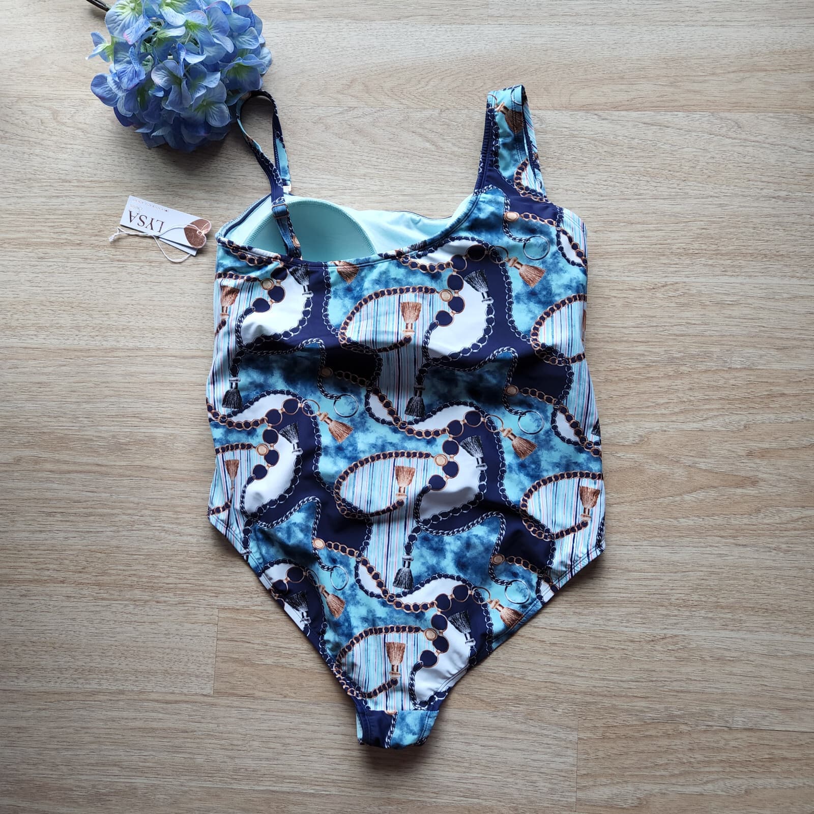 NWT LYSA Chain Printed UPF50+ One Piece Swimsuit Bra-Padded Blue Sz.2X - Thumbnail 2