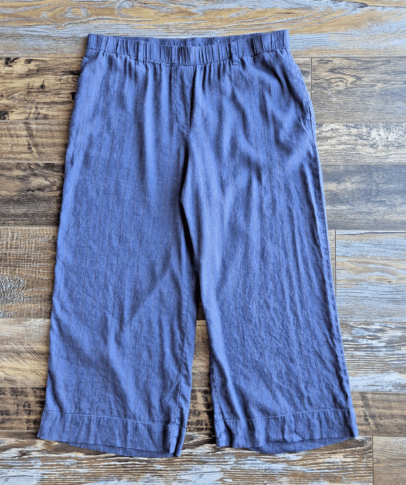 J.Jill Stretch Linen Chambray Pin-Striped Capri Pants Elastic Waist Pocket Sz.L