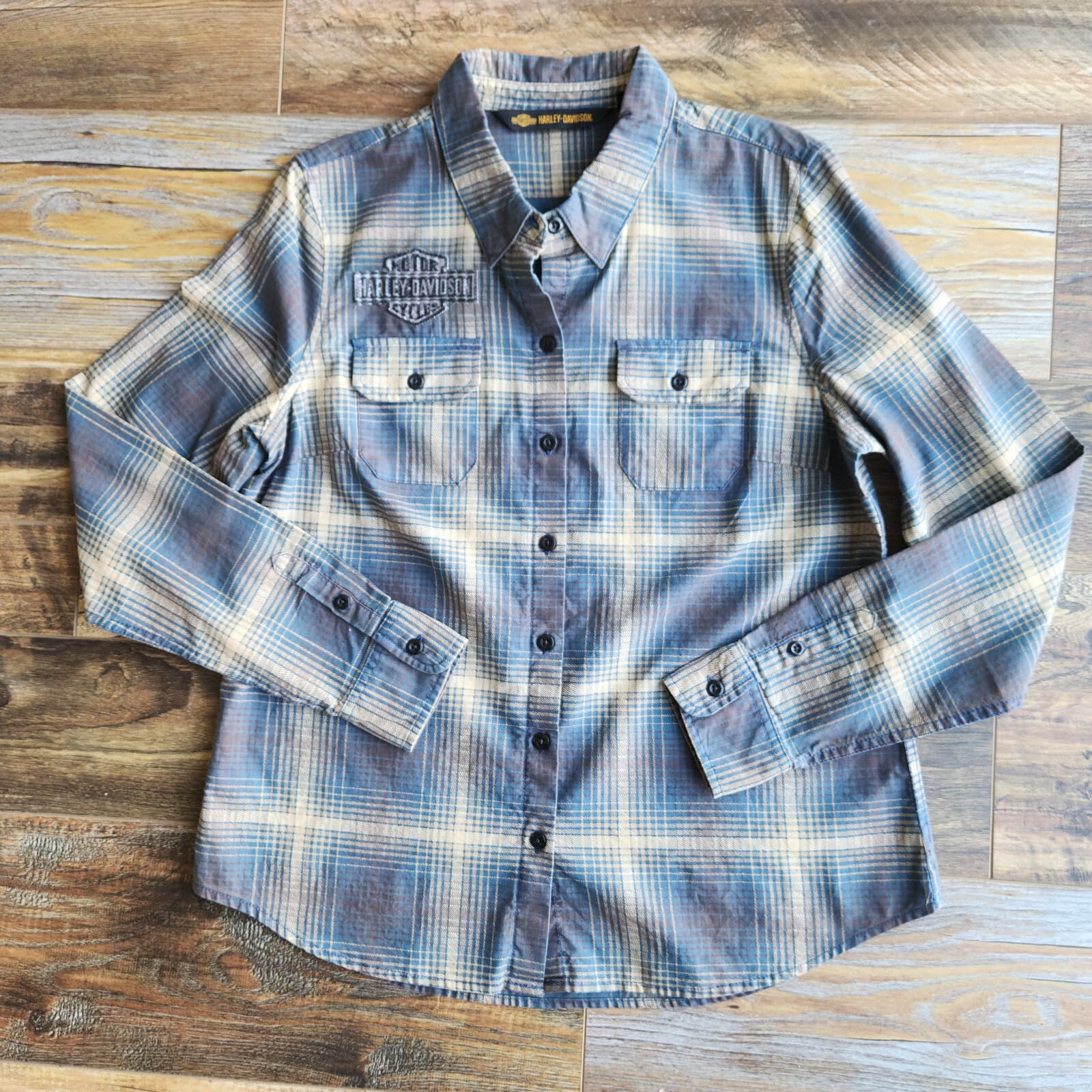 NWoT Harley-Davidson Logo Graphic Long Sleeve Button-Up Shirt Blue Plaid Women L - Thumbnail 3