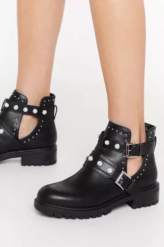 NWoB ZARA $129 Black Leather Studded Pearl Biker Cutout Ankle Moto Boots Women 6 - Thumbnail 4