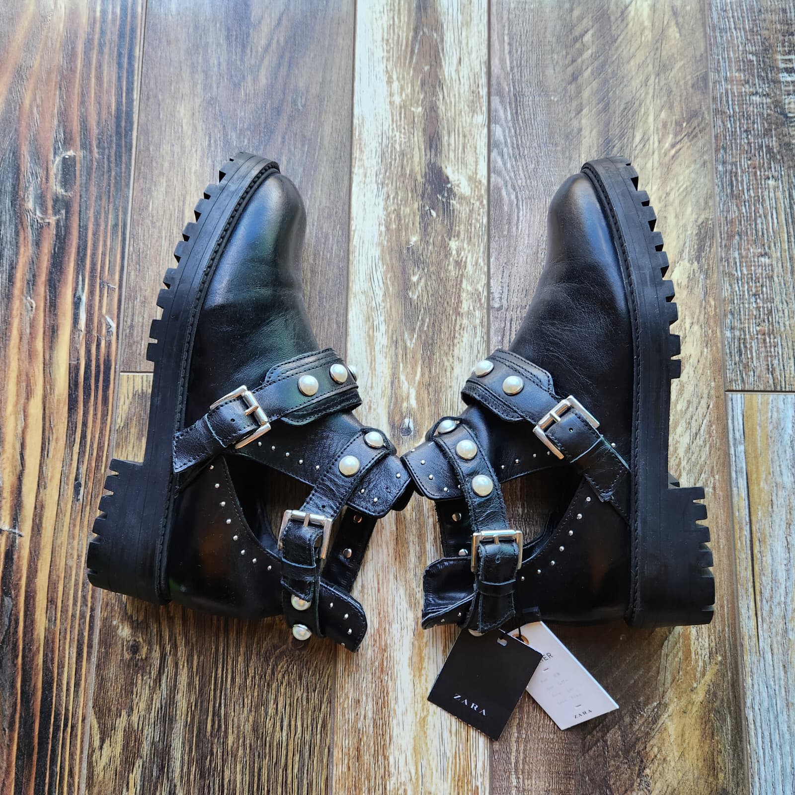 NWoB ZARA $129 Black Leather Studded Pearl Biker Cutout Ankle Moto Boots Women 6 - Thumbnail 7