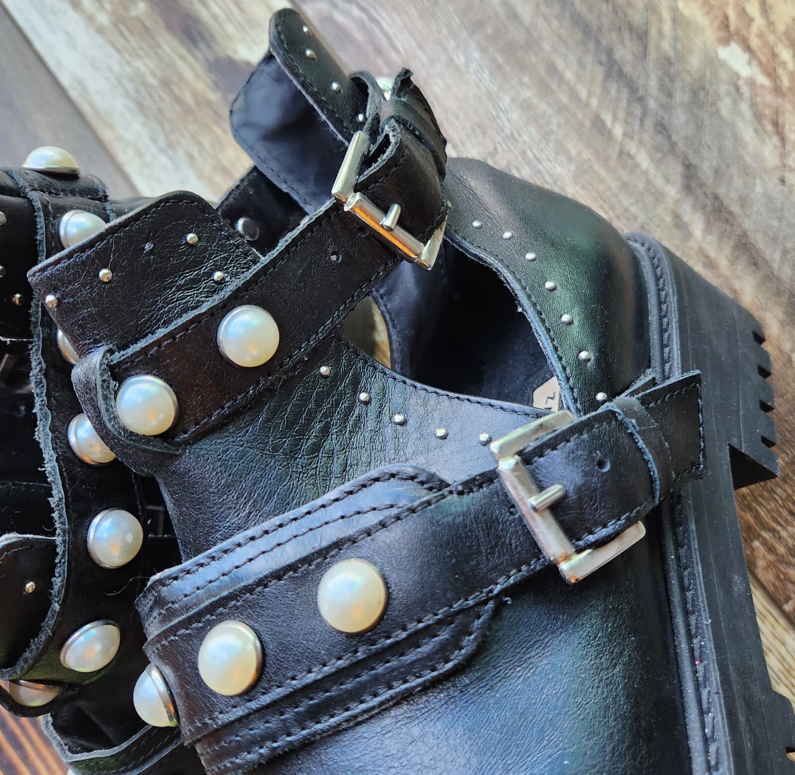 NWoB ZARA $129 Black Leather Studded Pearl Biker Cutout Ankle Moto Boots Women 6 - Thumbnail 12