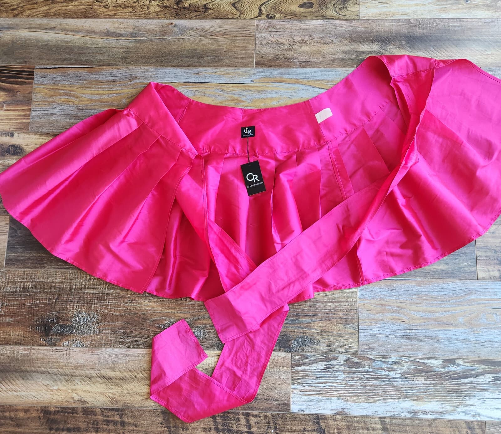NWT Connie Roberson $368 Poly Silk Mini Pleat Wrap Bow Skirt Pink O/S Made in US - Thumbnail 6