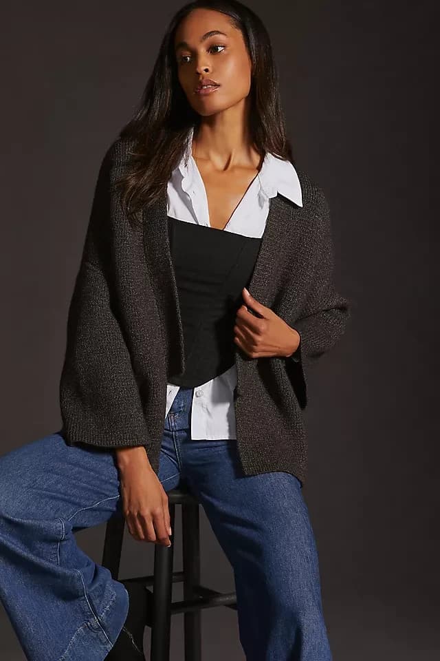 Pilcro Anthropologie Open Front Kimono Cardigan Sweater Charcoal Womens One Size - Thumbnail 4