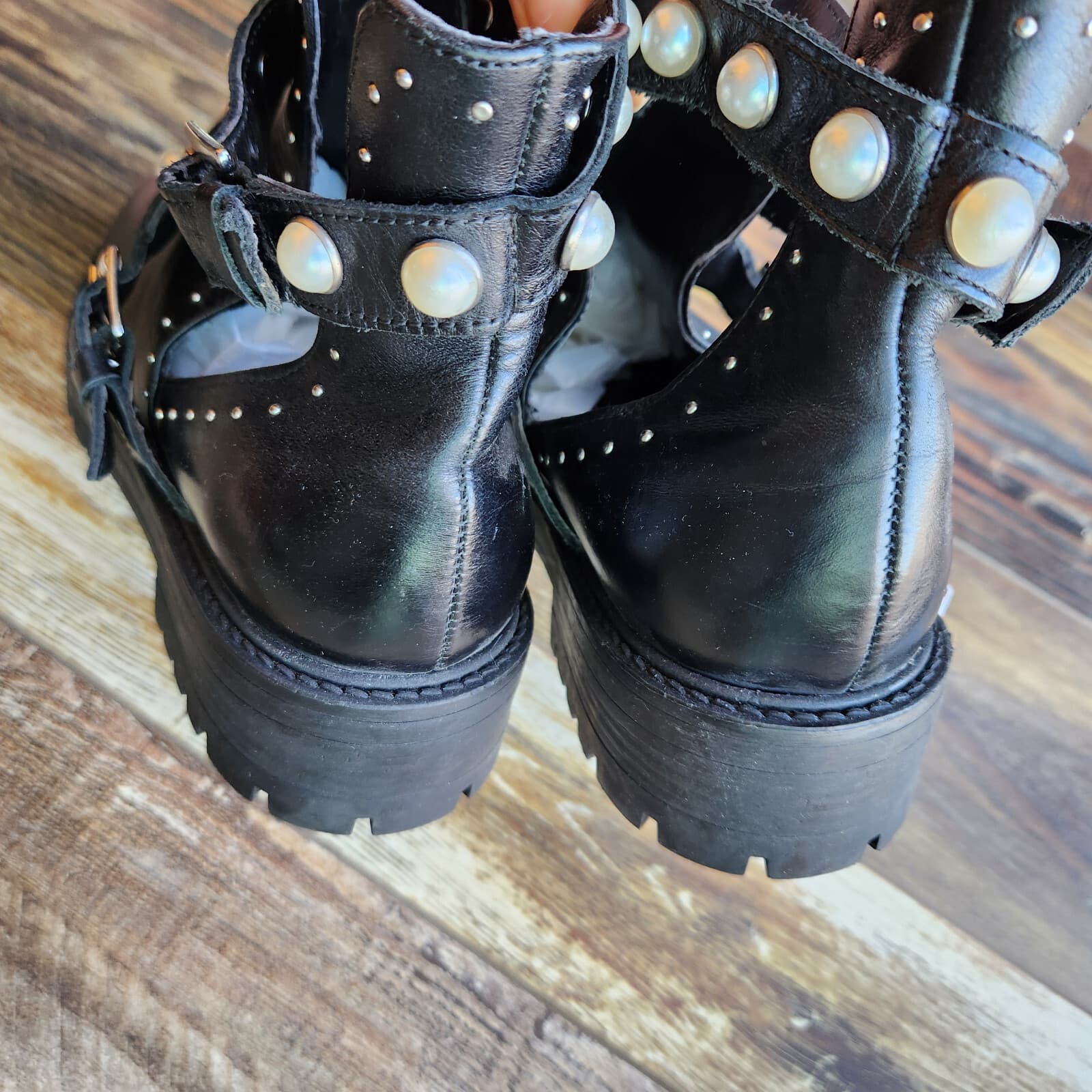 NWoB ZARA $129 Black Leather Studded Pearl Biker Cutout Ankle Moto Boots Women 6 - Thumbnail 11