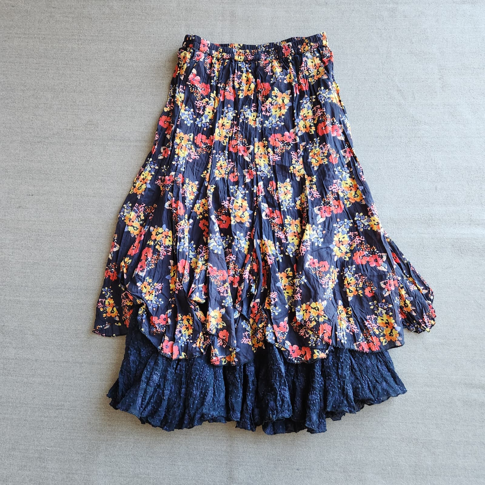 NWoT ANU by Natural Floral Lace Layer Midi Skirt Elastic-Waist Multicolor Sz.S