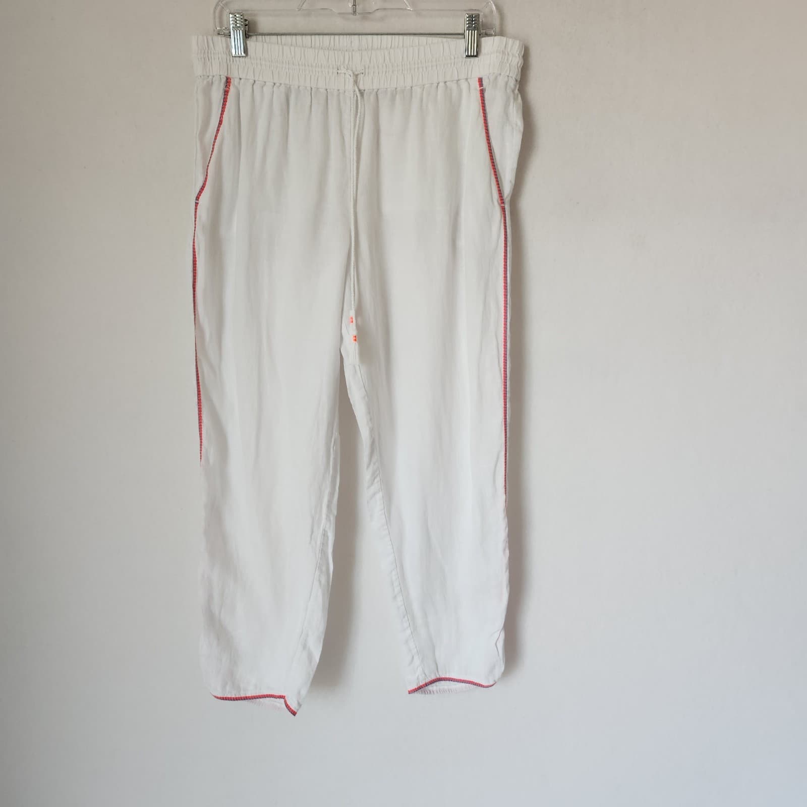 J.Crew 100%Linen Side-Stripe Cropped Pants Elastic Waist Pocket White Sz.M E8821 - Thumbnail 2