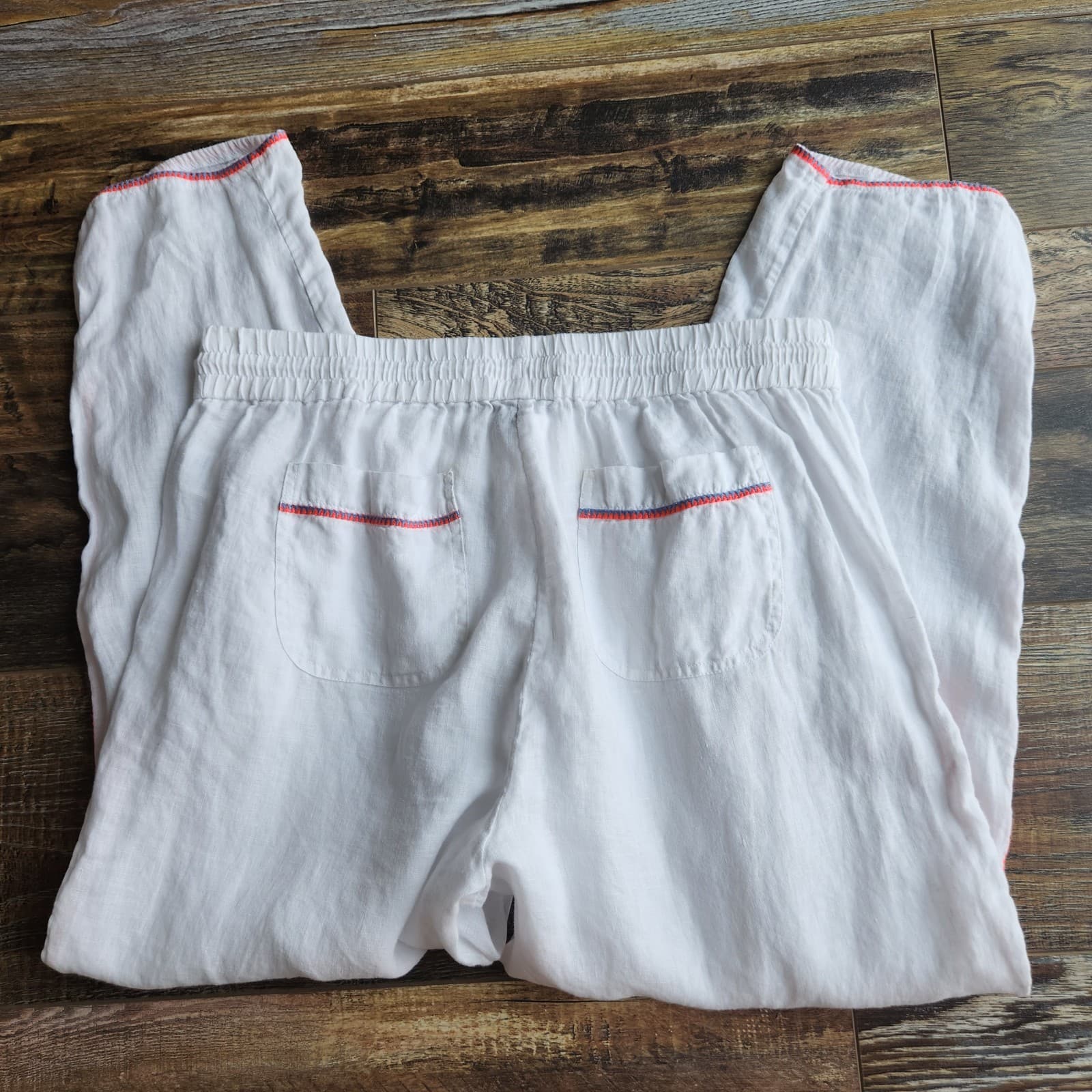 J.Crew 100%Linen Side-Stripe Cropped Pants Elastic Waist Pocket White Sz.M E8821 - Thumbnail 10