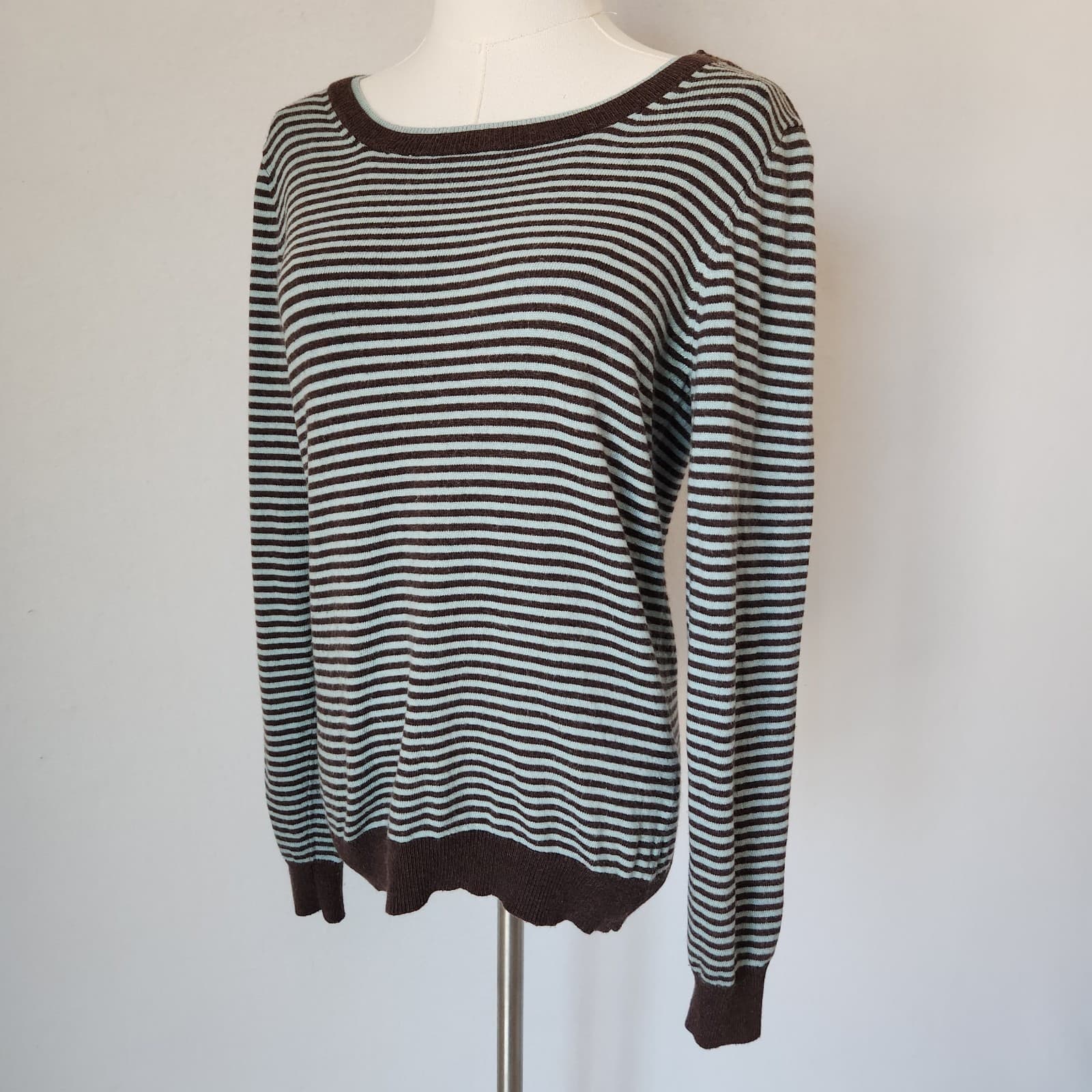 Boden Striped Sweater Shoulder Button Cotton Cashmere Blend Brown Green Sz.14 - Thumbnail 3