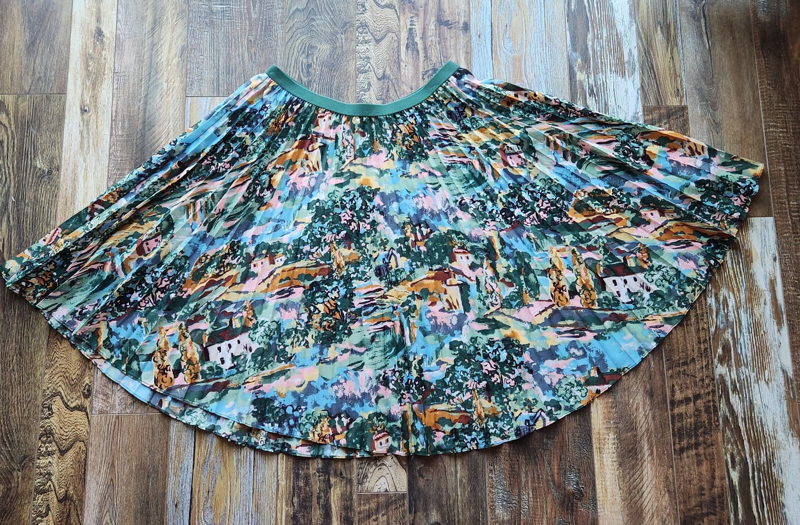 Cath Kidston London Pleated Midi Skirt Pull-On Elastic-Waist Multi Scenic Sz.XL - Thumbnail 4