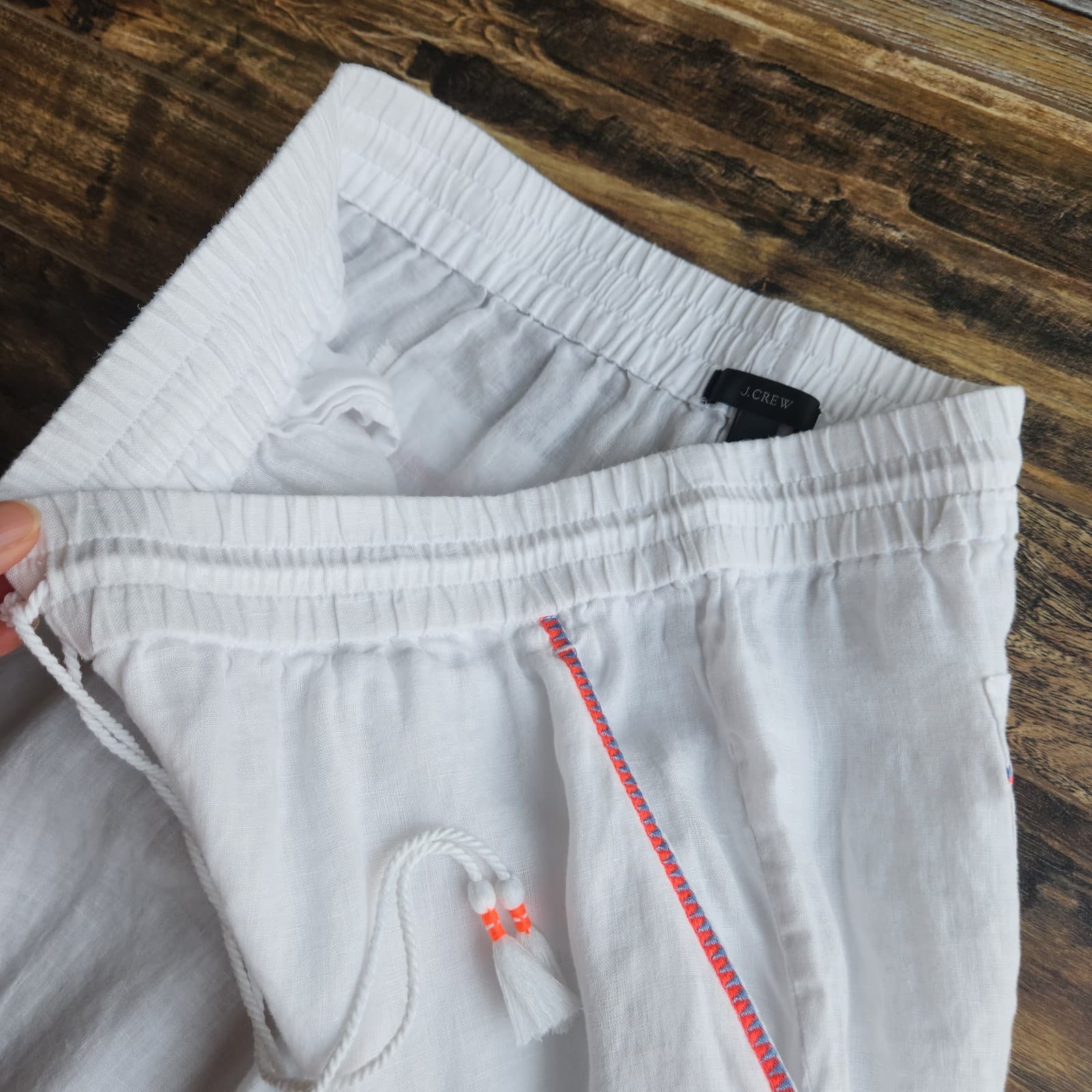 J.Crew 100%Linen Side-Stripe Cropped Pants Elastic Waist Pocket White Sz.M E8821 - Thumbnail 5