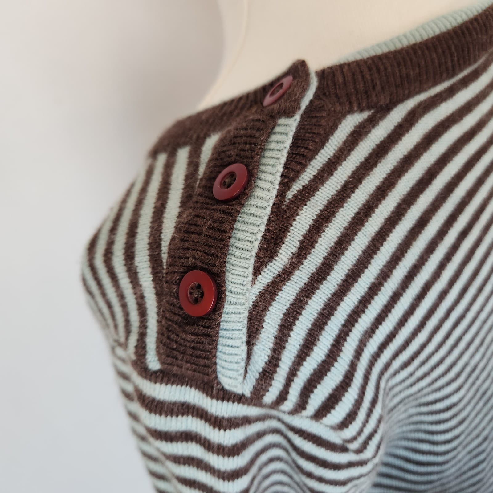 Boden Striped Sweater Shoulder Button Cotton Cashmere Blend Brown Green Sz.14 - Thumbnail 6