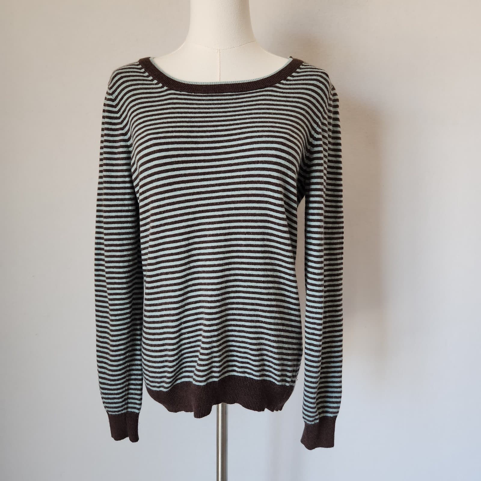 Boden Striped Sweater Shoulder Button Cotton Cashmere Blend Brown Green Sz.14 - Thumbnail 2